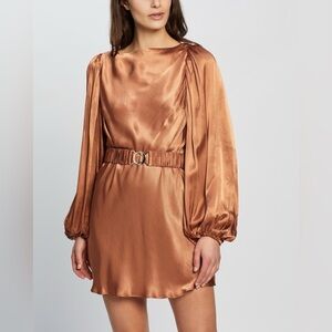 Shona Joy Gala Balloon Sleeve Mini Dress With Belt Bronze Satin Size 2